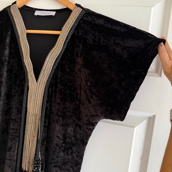 Laurie & Joe Black Crushed Velvet Gold Embroidered Kaftan Maxi Dress Fringe Boho - Picture 6 of 11